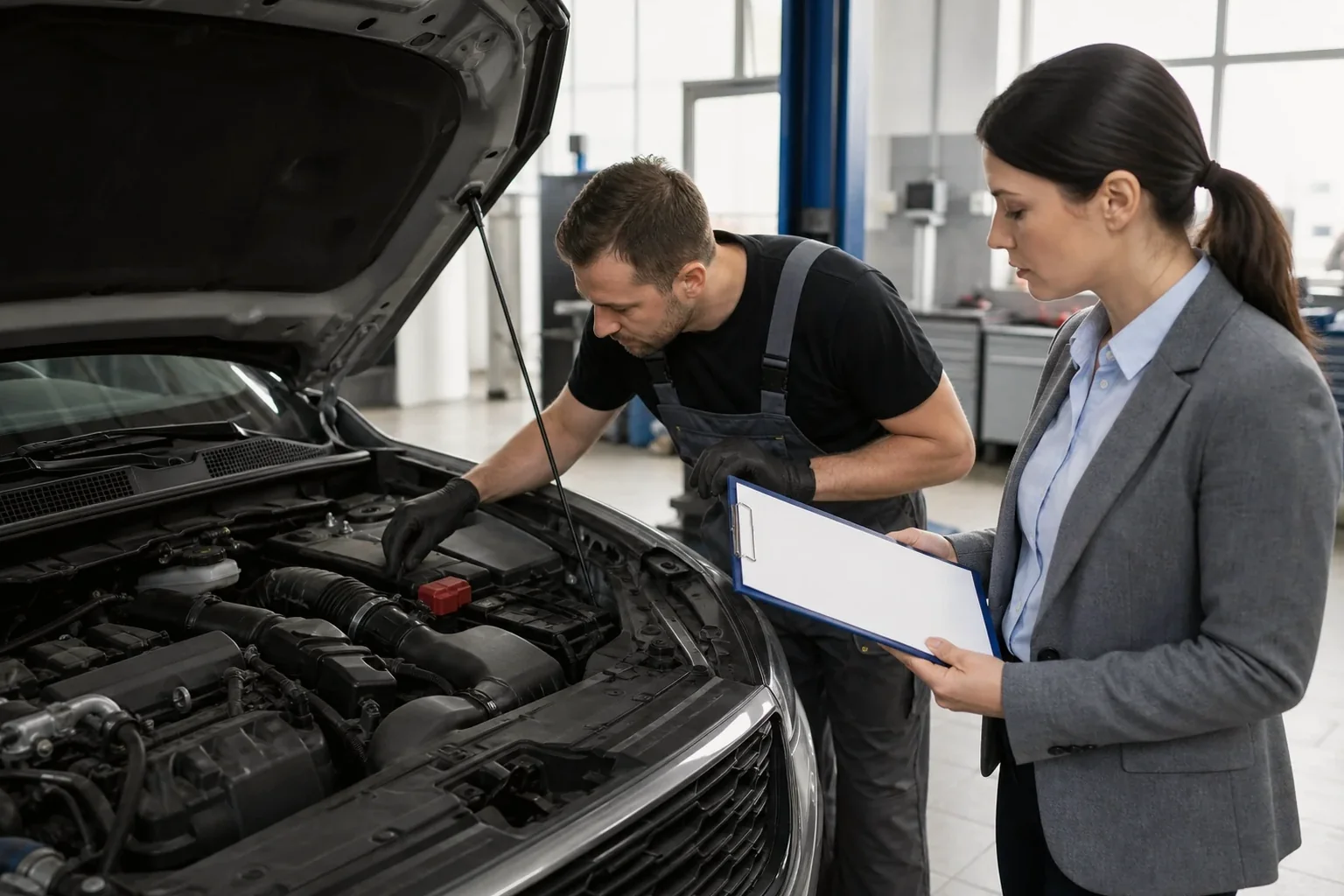 Equipe gerenciando o cadastro de motor de veículos em um escritório de despachante.