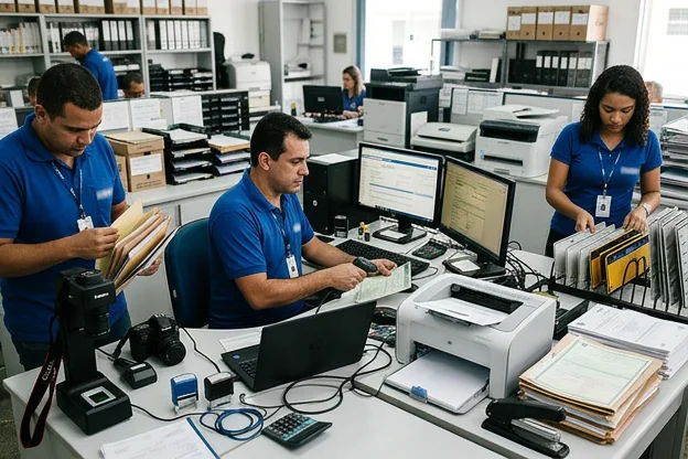 Equipe trabalhando na regularização de veículos em um escritório de despachante em Itabuna.
